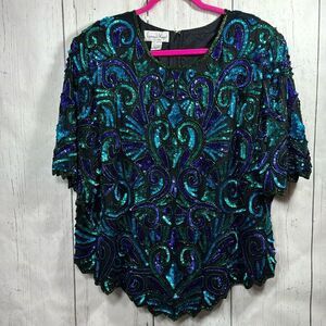 Laurence Kazar Vintage Silk Sequin Top Glam Partywear 3X Holiday Sparkle